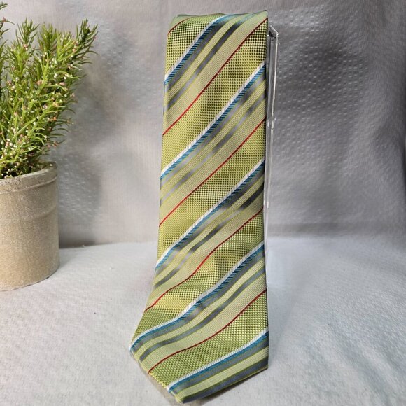 GIORGIO ARMANI ITALIAN SILK TIE APPLE GREEN WITH CRIMSON AND BLUE STRIPES EUC - Picture 2 of 7